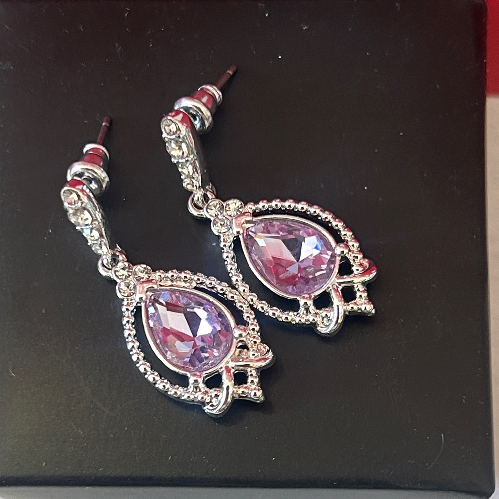 Delicate Violet Teardrop Crystal Dangle Earrings - Silver Tone